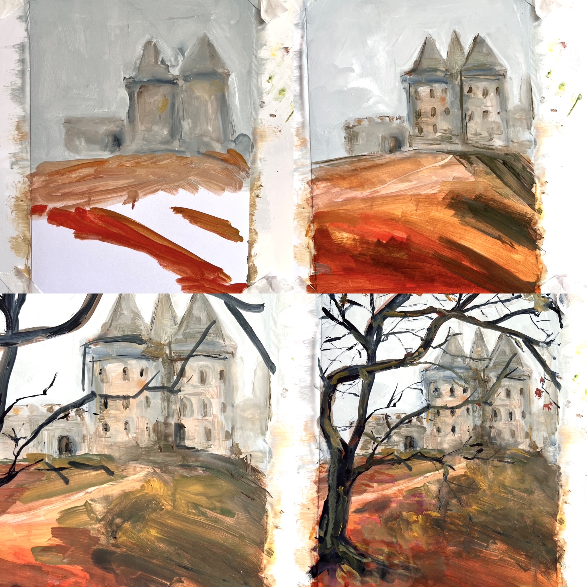 English Autumn. Old Castle — painting by Marina Stognieva in progress, England, 2026